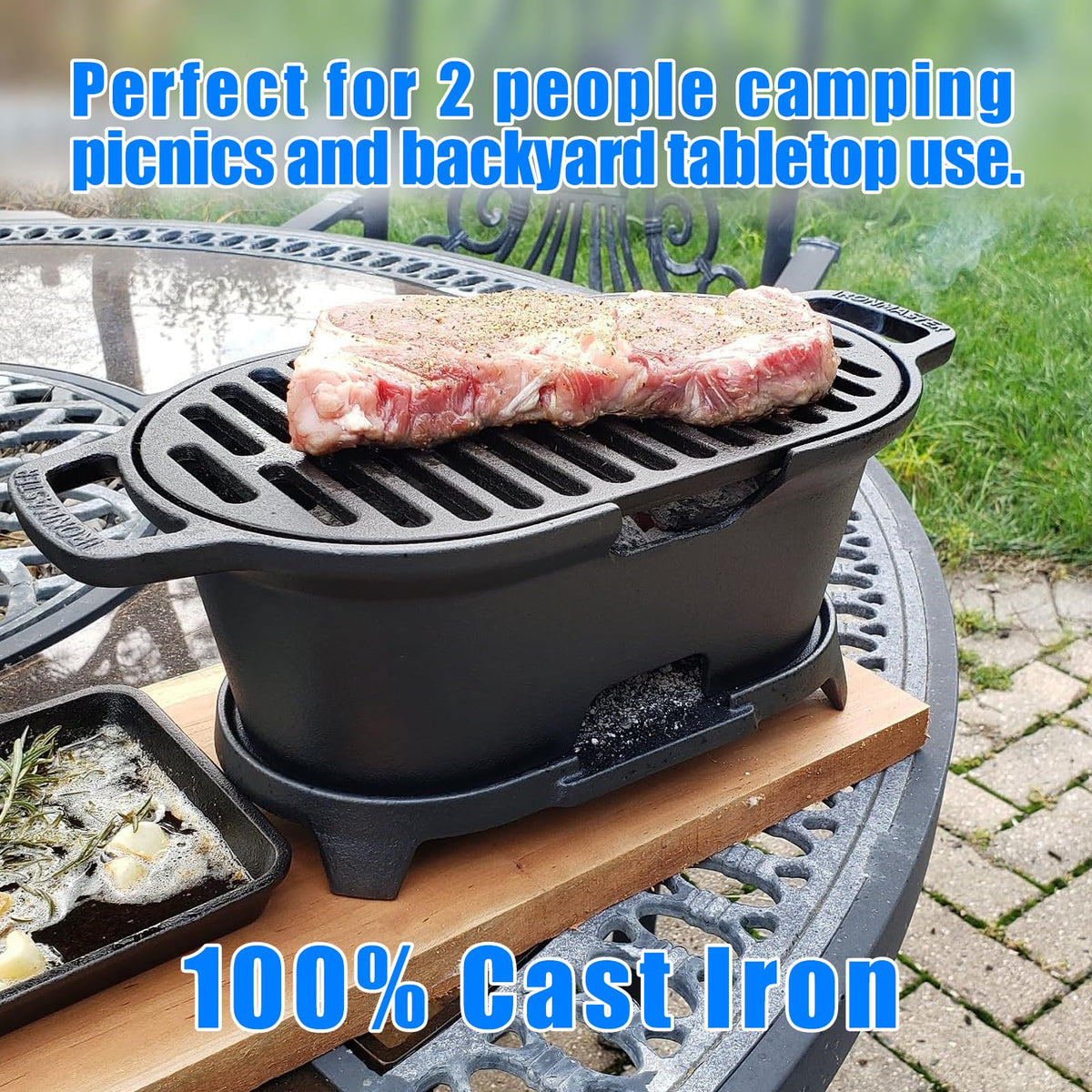 Charcoal loading on IRONMAX hibachi for easy fuel replenishment.