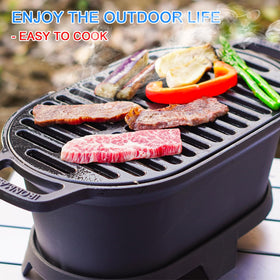 Portable backyard setup with IRONMAX hibachi for camping.
