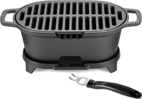 IRONMAX mini hibachi grill on table, ready for two-person tabletop cooking.