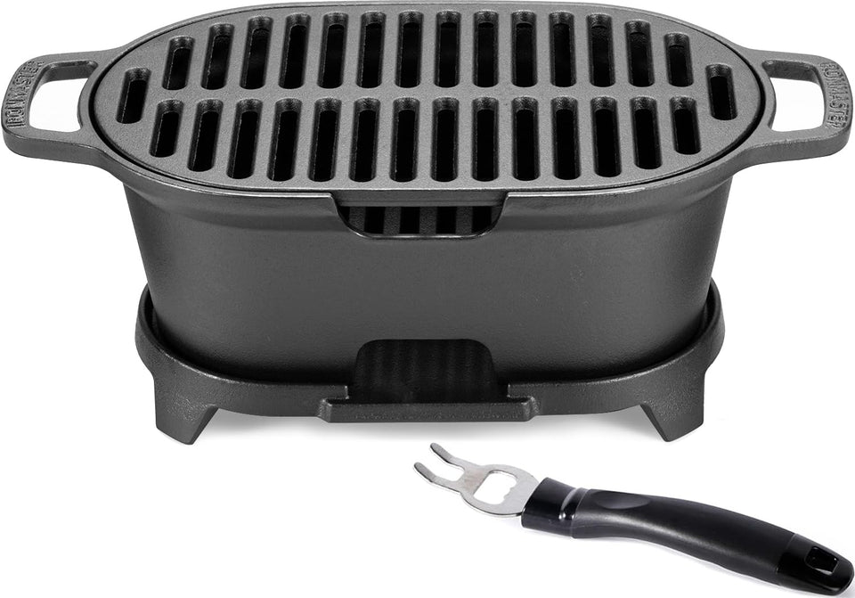 IRONMAX mini hibachi grill on table, ready for two-person tabletop cooking.