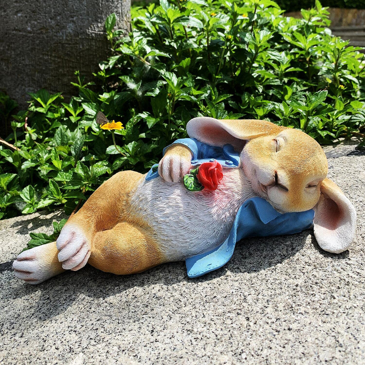 iRonrain garden rabbit blue statue with a rose adds outdoor charm.