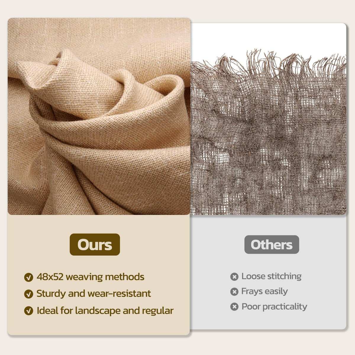 iropro burlap tight weave detail, 48x52 density increases durability.