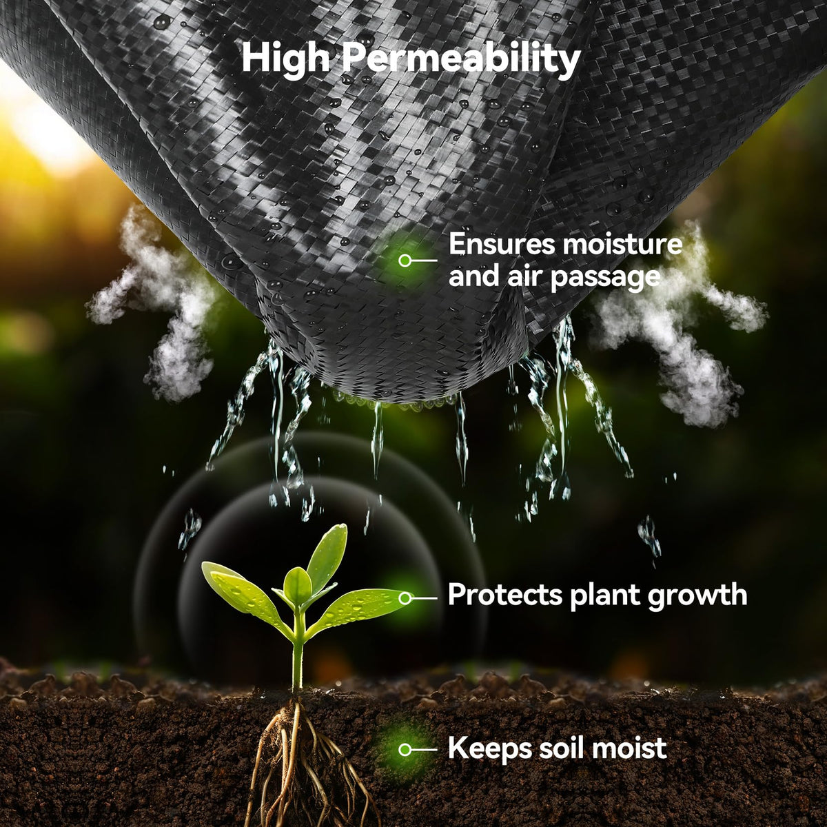 iropro weed barrier fabric air-permeable scene illustrating airflow for healthy soil