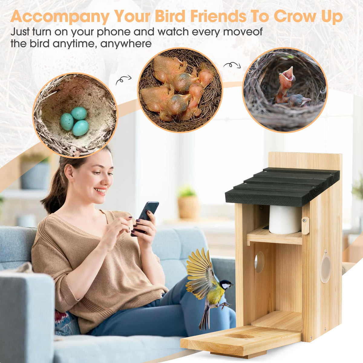 ISENLAND Smart Bird House weatherproof wood withstands rain and snow.