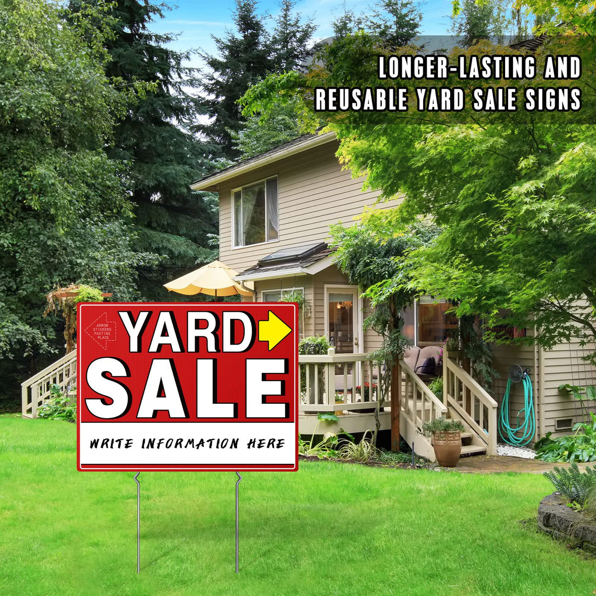 Outdoor yard sale setup showing signs in use
