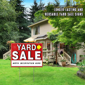 Outdoor yard sale setup showing signs in use