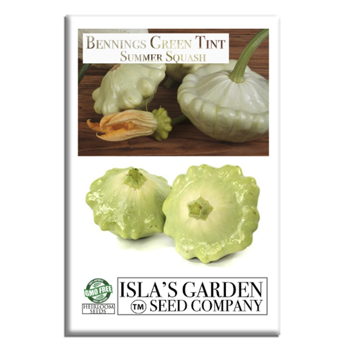 Isla's Garden Bennings Green Tint patty-pan squash fruit with scalloped pale green skin for grilled dishes.