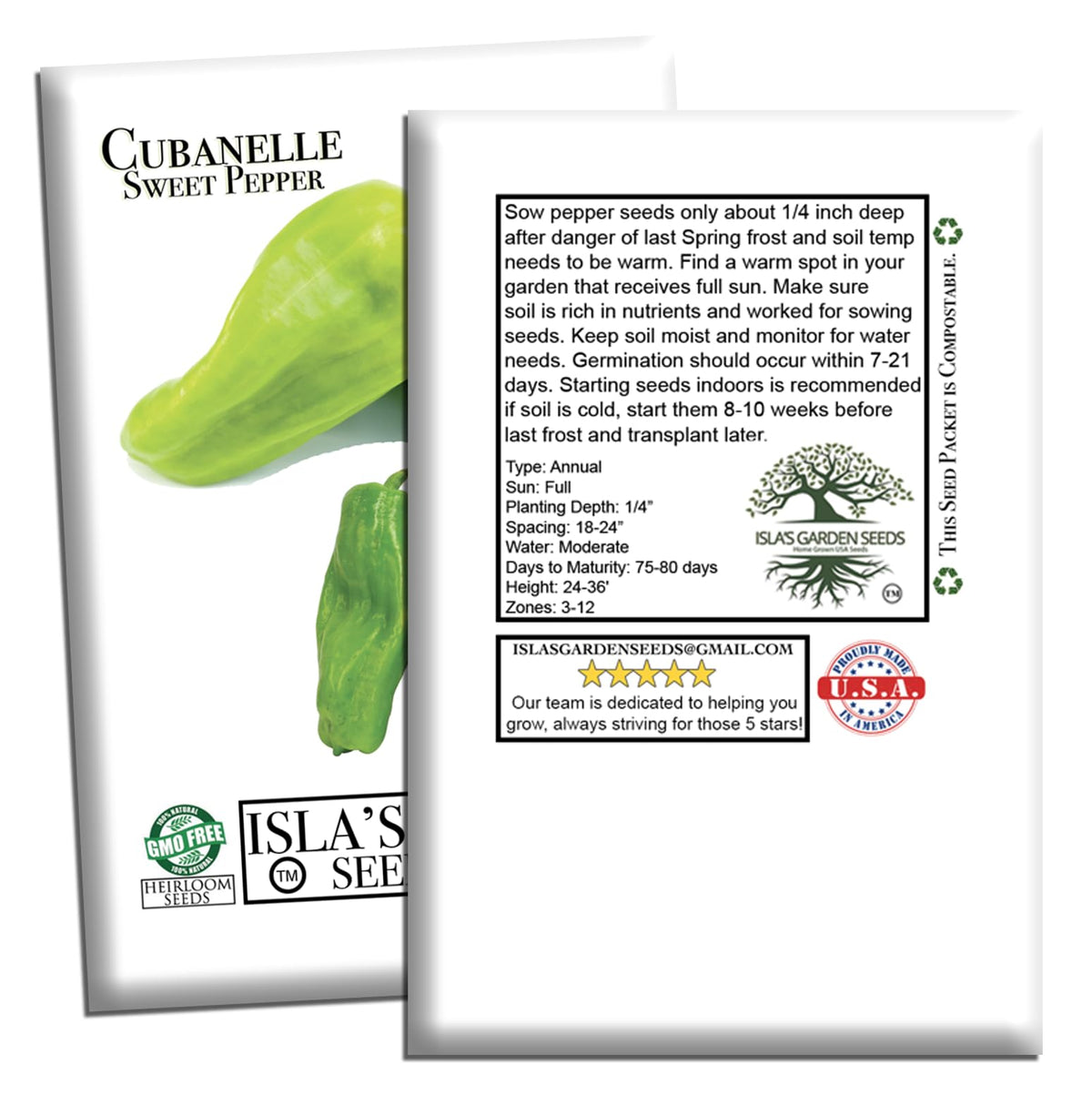 Isla's Garden Seeds Cubanelle seeds packet helps plan a warm-season garden.