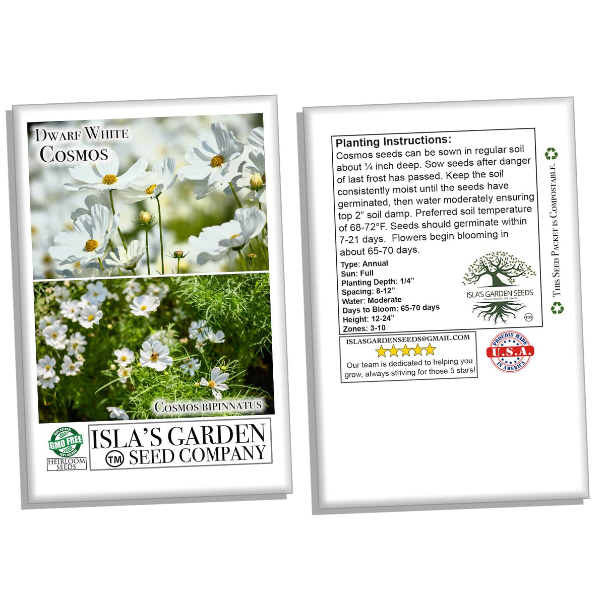 Isla's Garden Seeds Dwarf White Cosmos plant height guide for planning.