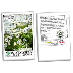 Isla's Garden Seeds Dwarf White Cosmos plant height guide for planning.