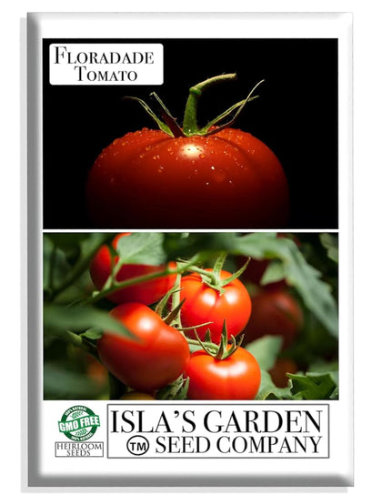 Isla's Garden Seeds Floradade tomato seeds packet ready for planting in home gardens.