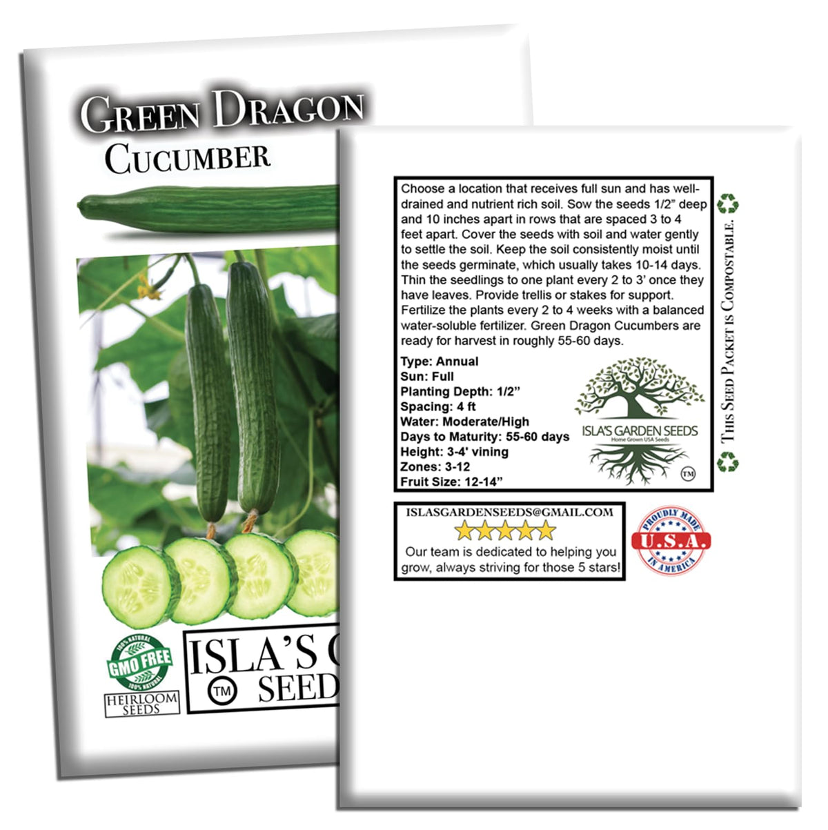 Isla's Garden Seeds Green Dragon cucumber thriving in full sun growth.