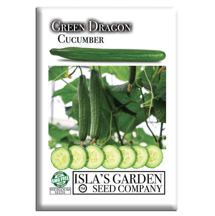 Isla's Garden Seeds Green Dragon long cucumber seed packet for home gardening and fresh slicing.