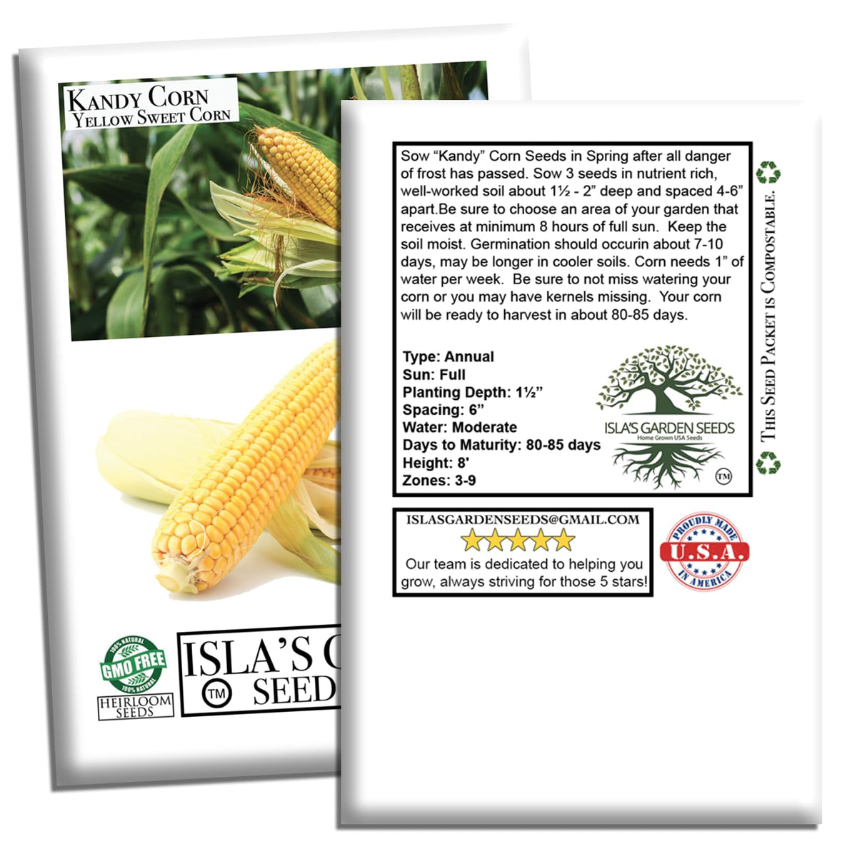 Isla's Garden Seeds Kandy Corn tall stalks reach 6–7 feet.