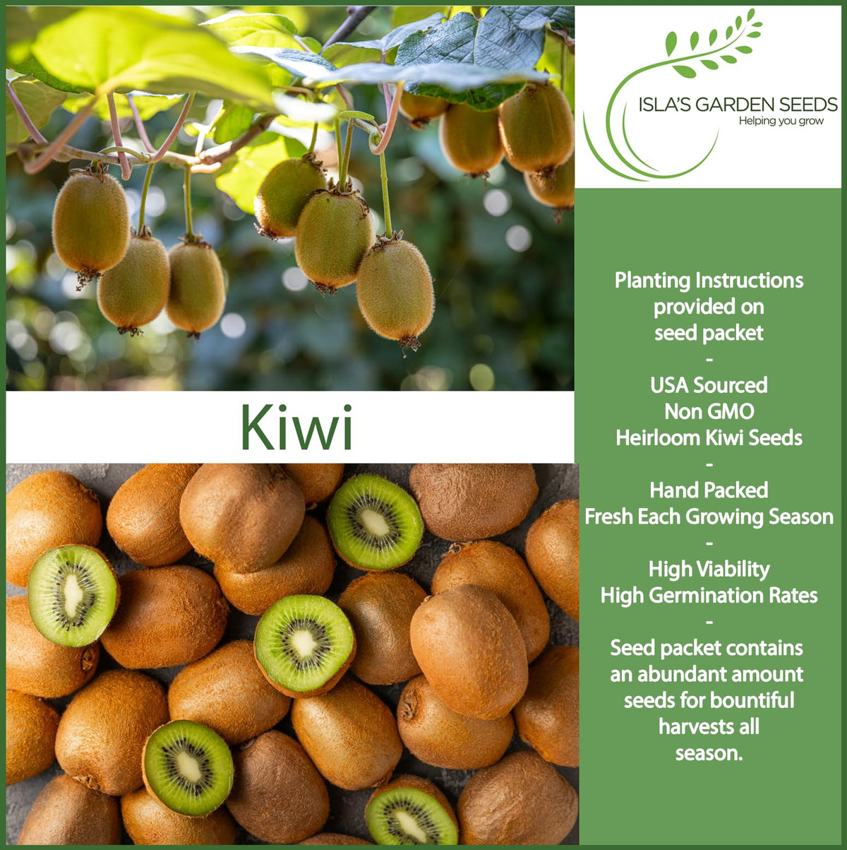 Isla's Garden Seeds kiwi vine seeds packaging, ideal for home garden enthusiasts.