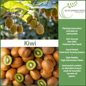 Isla's Garden Seeds kiwi vine seeds packaging, ideal for home garden enthusiasts.