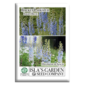Isla's Garden Seeds Larkspur Rocket Light Blue bloom brightens borders for elegant cut bouquets.