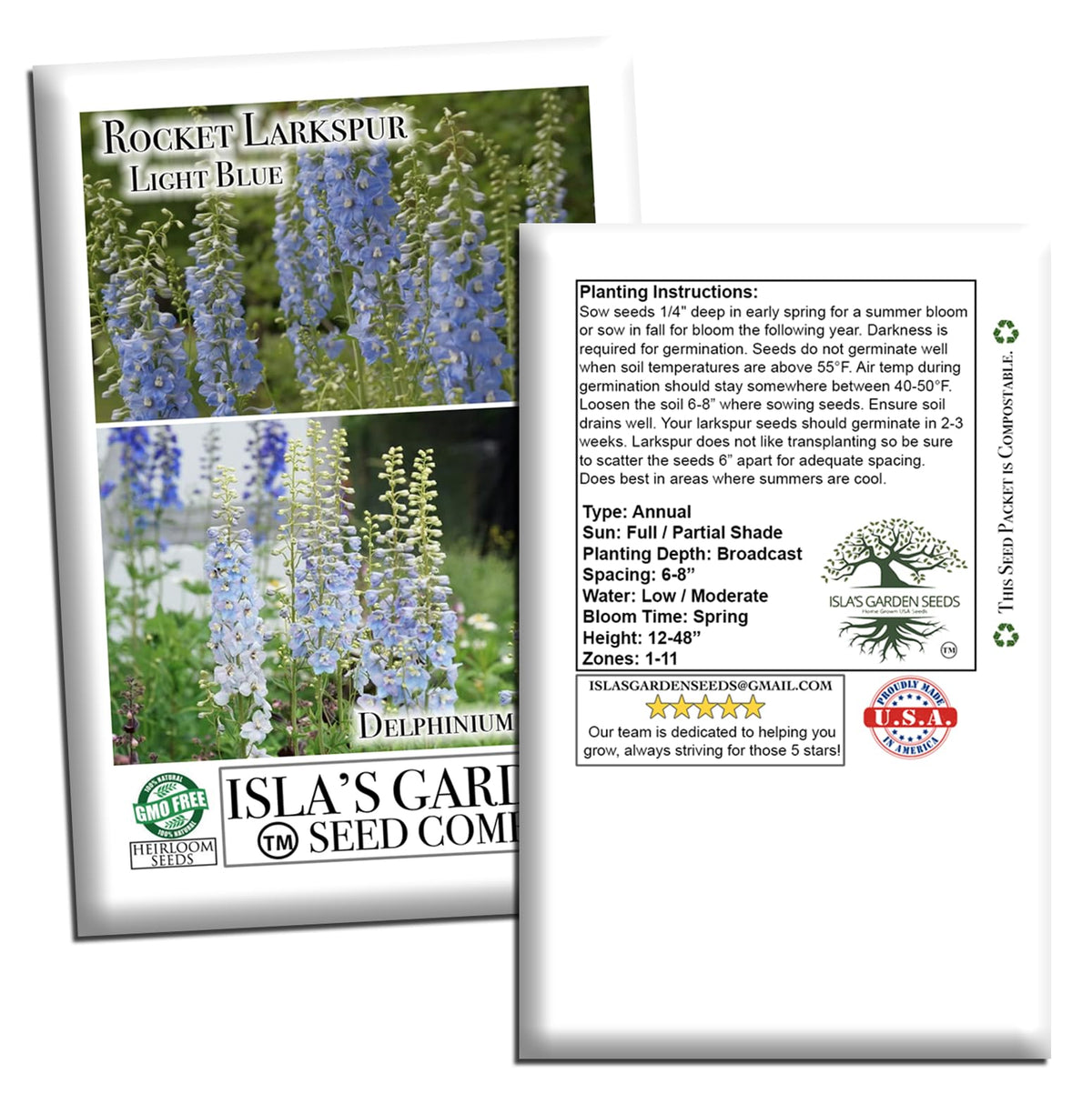 Isla's Garden Seeds Larkspur Rocket Light Blue features vibrant color for garden borders and seasonal arrangements.