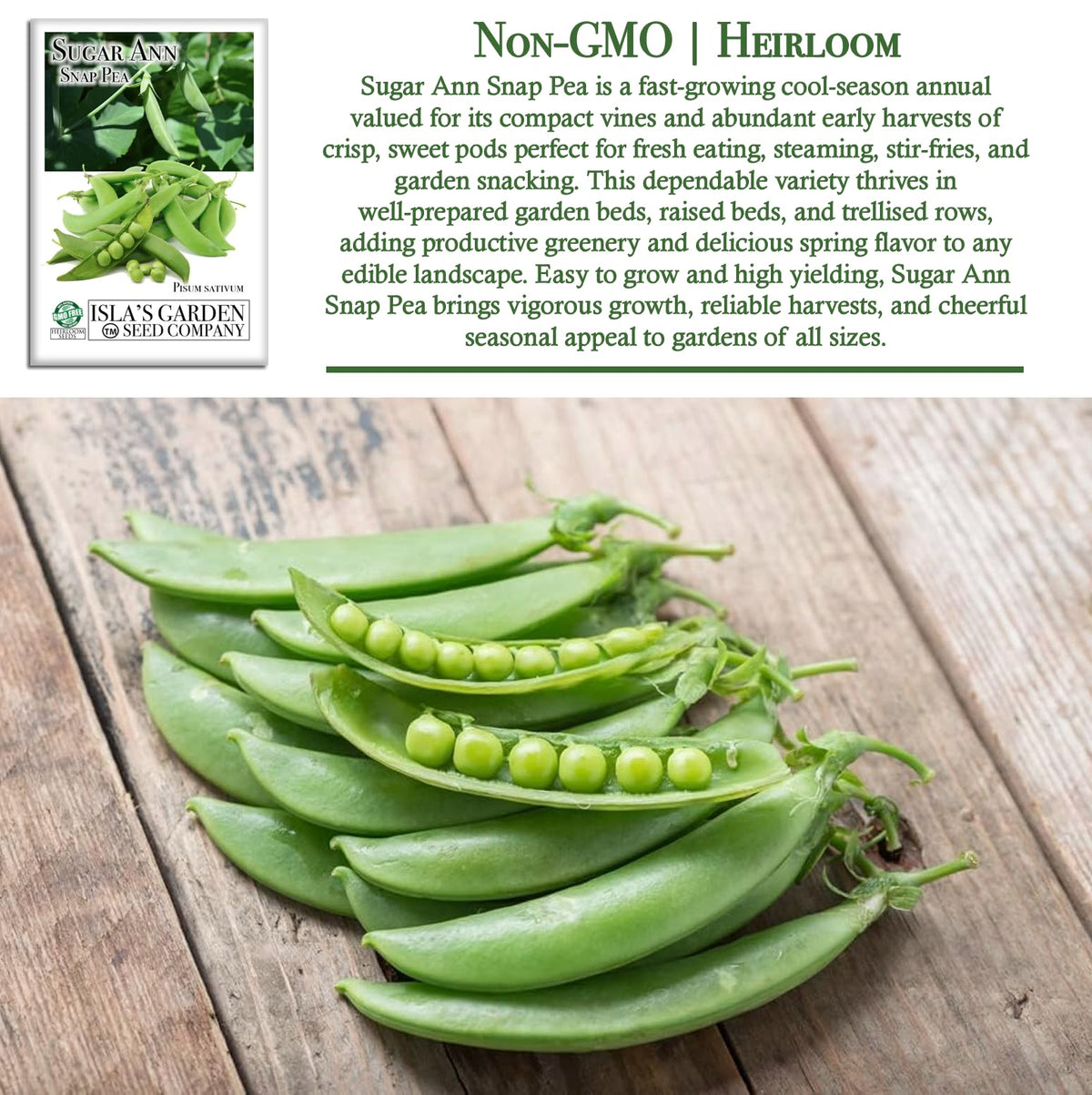 Isla's Garden Seeds Sugar Ann Snap Pea early-season growth in cool soil for quick harvests.