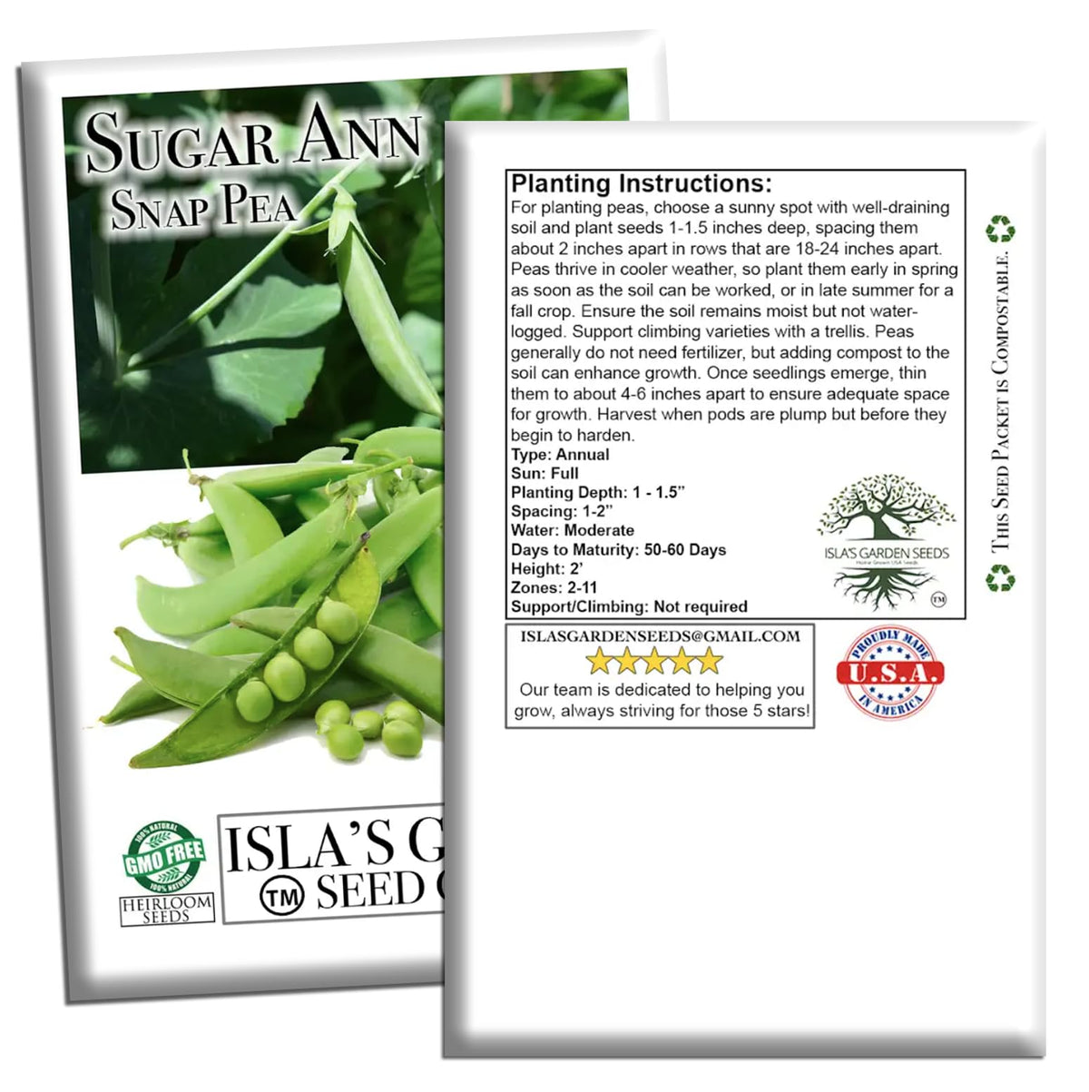 Isla's Garden Seeds Sugar Ann Snap Pea plants with tidy foliage and ready-to-pick pods.