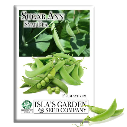 Isla's Garden Seeds Sugar Ann Snap Pea pods yield crisp harvests for quick meals.