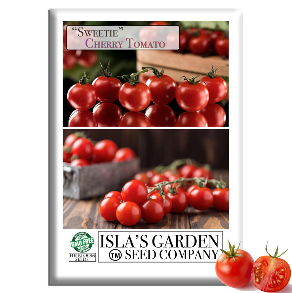 Isla's Garden Seeds Sweetie Cherry Tomato on the vine, perfect for fresh snacking.