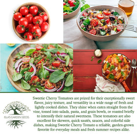 Isla's Garden Seeds Sweetie Cherry Tomato thriving in garden beds for prolific fruit.