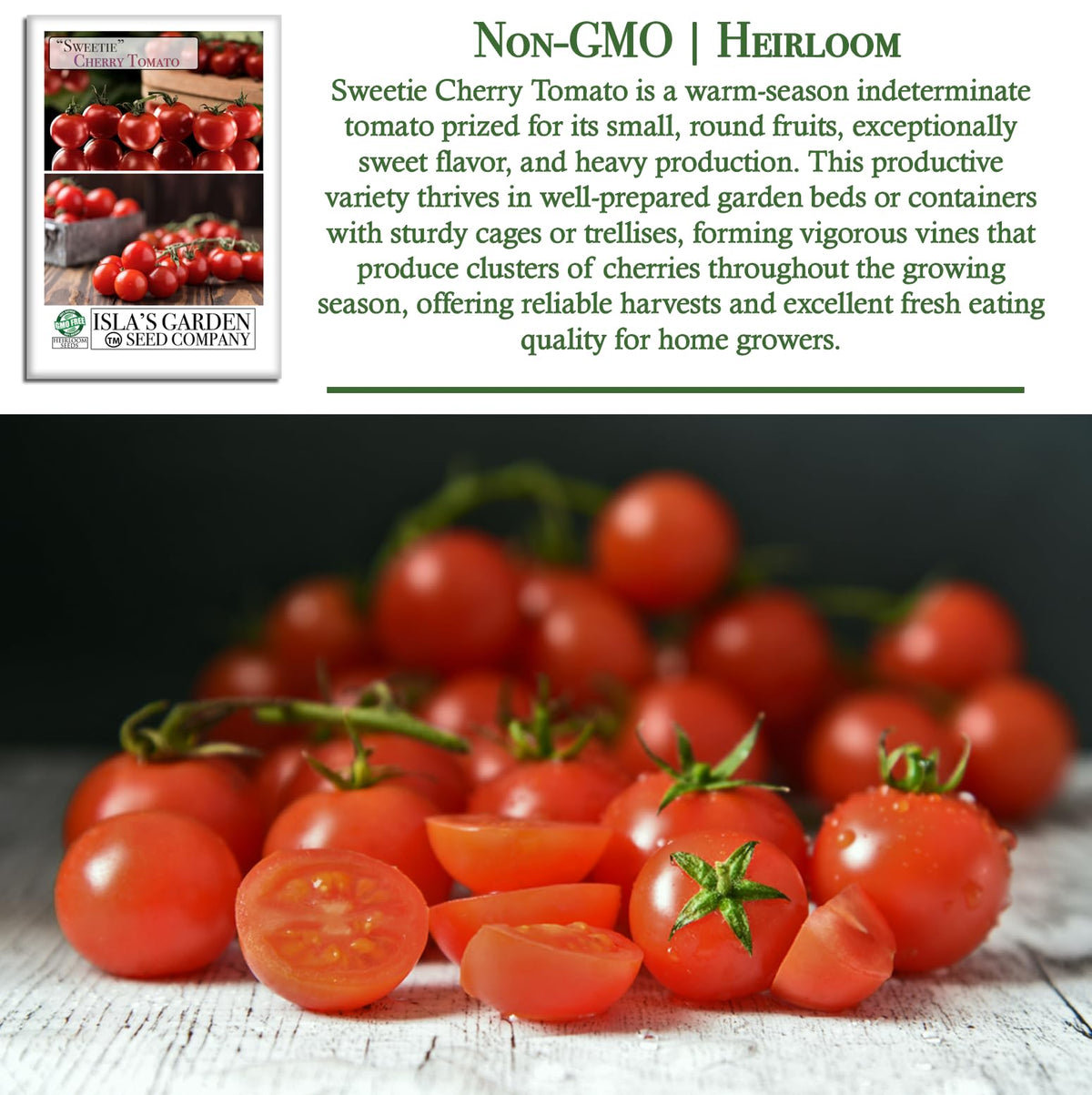 Isla's Garden Seeds Sweetie Cherry Tomato on tall indeterminate vines for steady harvest.