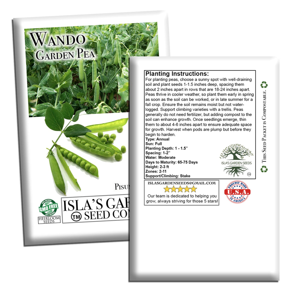 Isla's Garden Seeds Wando pea seed packaging for home garden stash