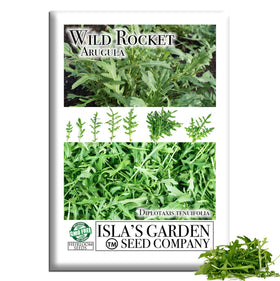 Isla's Garden Seeds Wild Rocket Arugula leaf close-up showing peppery greens for salads