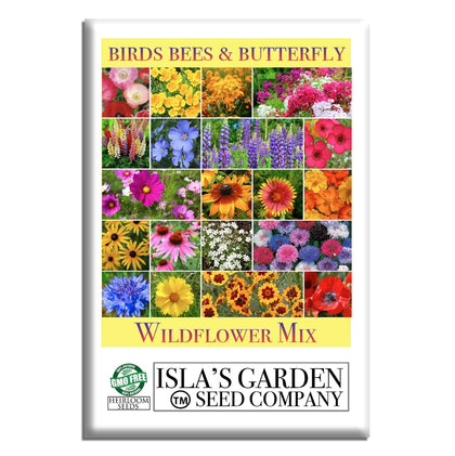 Isla's Garden Seeds wildflower-mix-blooms closeup; vibrant petals attract pollinators.