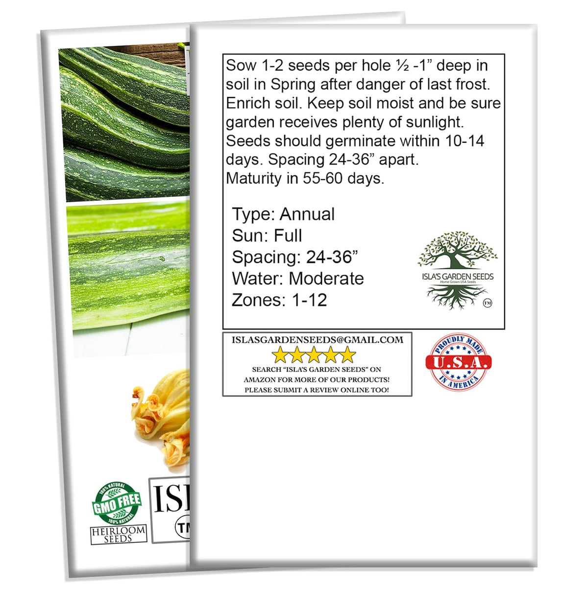 Isla's Garden Seeds zucchini seed packet for Italian Striped variety