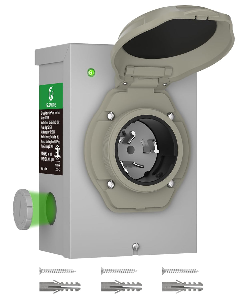 Islewire 50 Amp generator inlet box front view for outdoor use with rugged exterior.