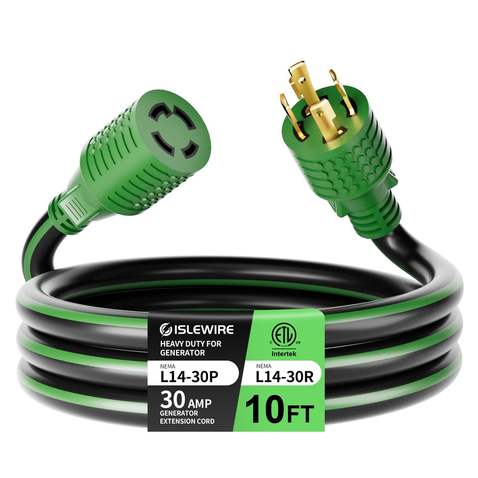 ISLEWIRE L14-30P to L14-30R cord for secure generator connections.