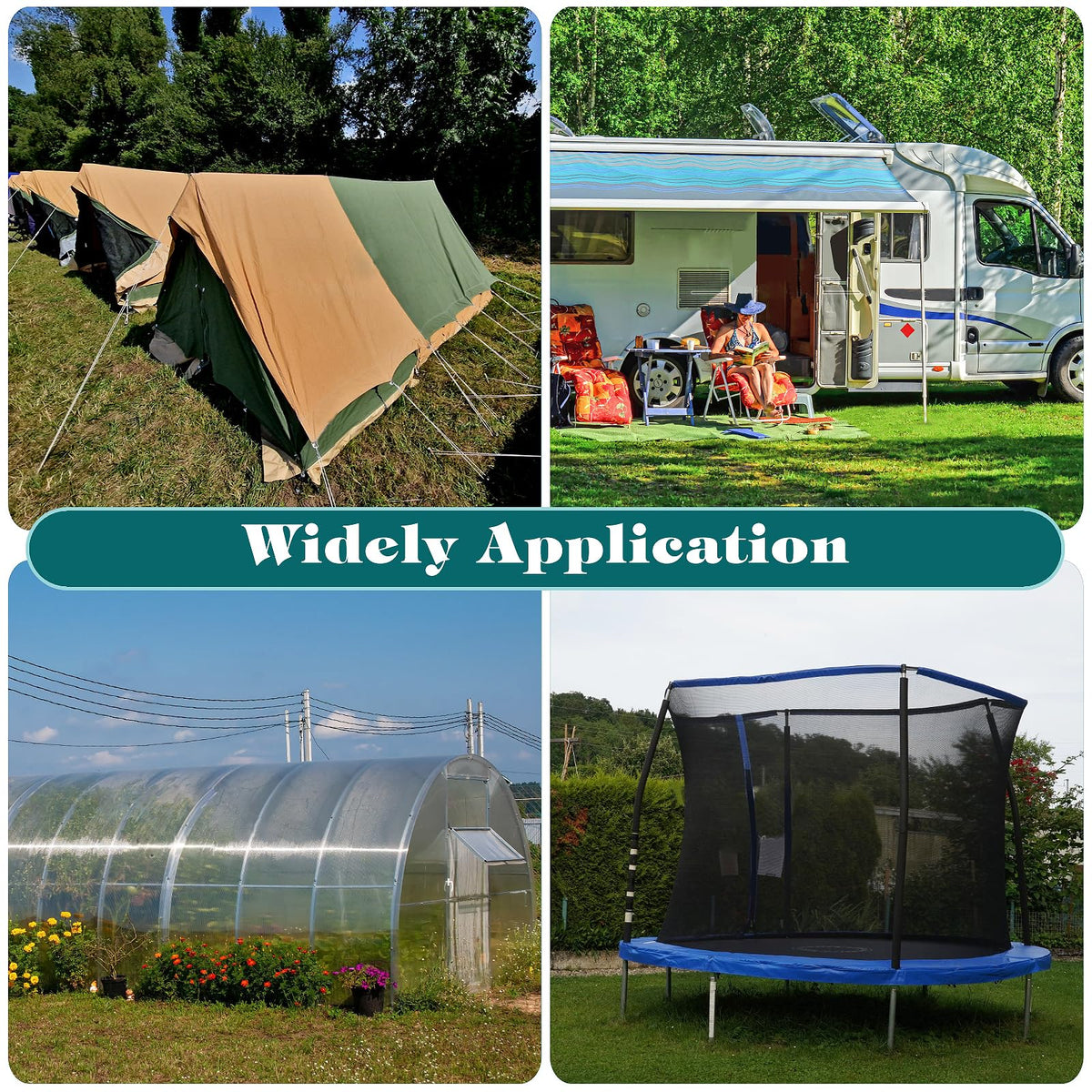 Isohit wind stakes securing tents, shelters, and trailers outdoors.