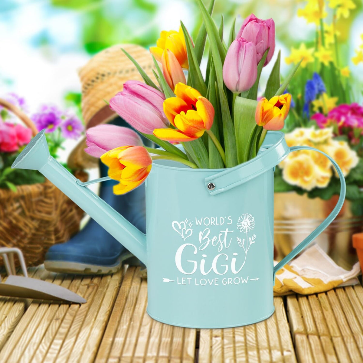 Ithmahco mint green metal watering can for indoor and outdoor plant care.