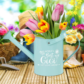 Ithmahco mint green metal watering can for indoor and outdoor plant care.