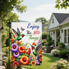 IVN Hummingbird Spring Flag with butterfly overhead adds seasonal charm to gardens.
