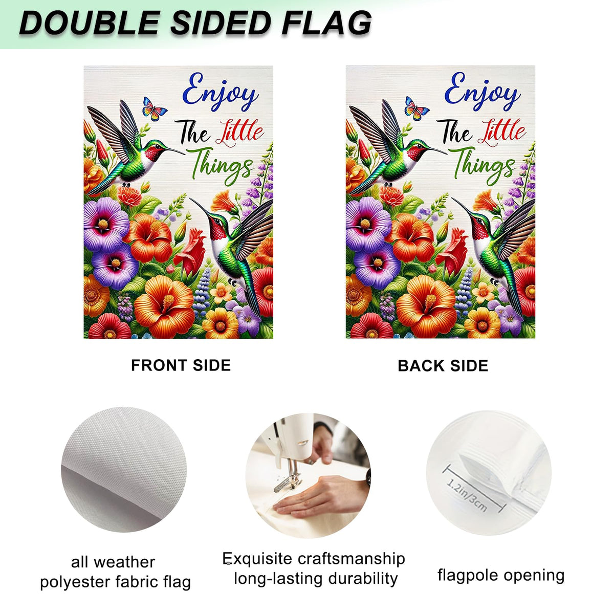 IVN Hummingbird Spring Flag close-up details capture crisp, fade-resistant fabric and print.