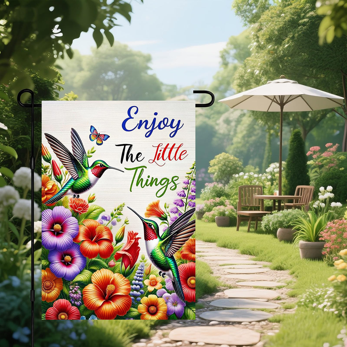 IVN Hummingbird Spring Flag crafted from durable polyester withstands wind and sun.