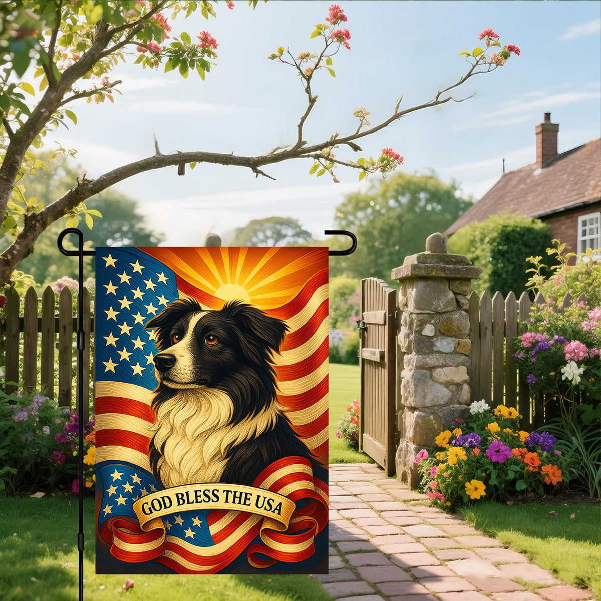 IVN patriotic welcome design flag, bright colors for yard decor.