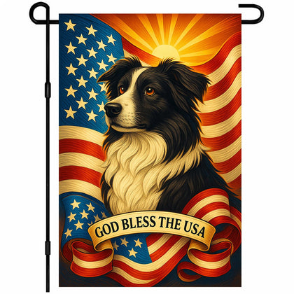 IVN schnauzer holding flag garden flag, ideal for outdoor porch display.