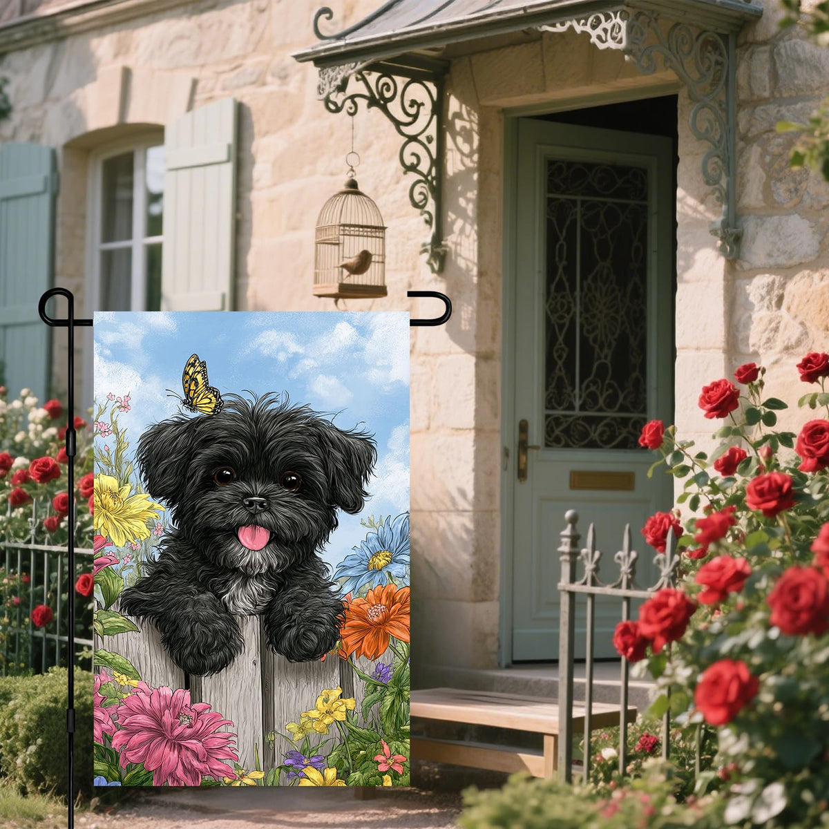 IVN Welcome Dog Garden Flag close-up of flowers and butterfly details for porch accents