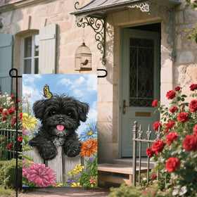 IVN Welcome Dog Garden Flag close-up of flowers and butterfly details for porch accents