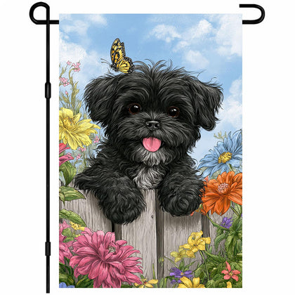 IVN Welcome Dog Garden Flag front view with black puppy and spring flowers for outdoor welcome