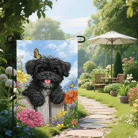 IVN Welcome Dog Garden Flag displayed on a porch flagstand for seasonal charm