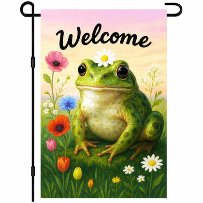 IVN welcome frog garden flag with spring blooms for the entryway.