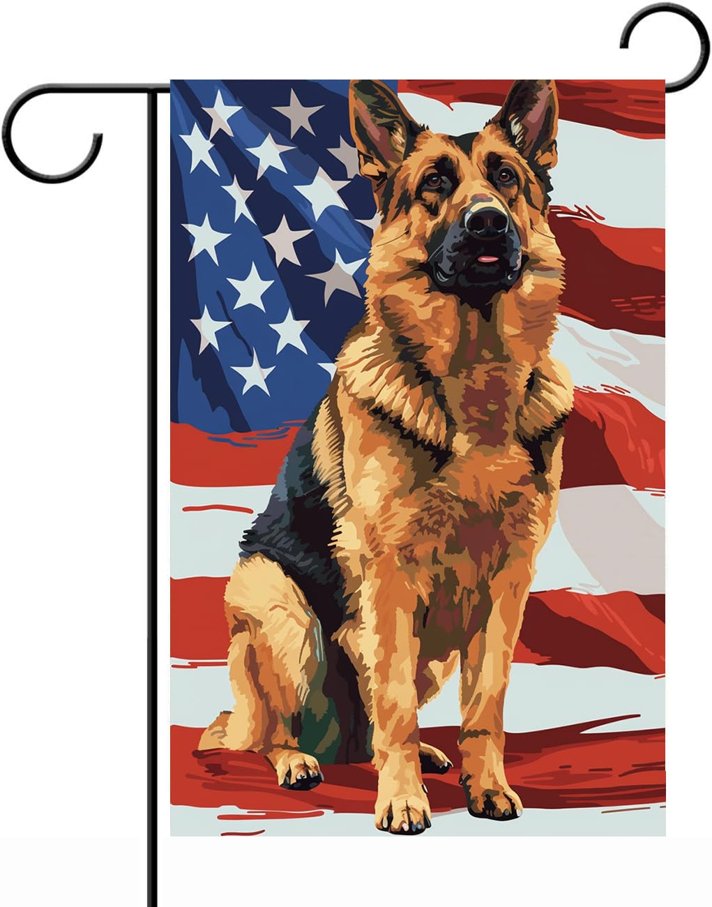 iweeta German Shepherd flag front view with patriotic backdrop, durable outdoor decor.