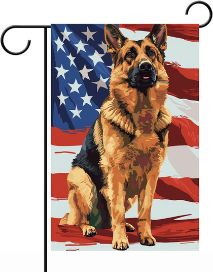 iweeta German Shepherd flag front view with patriotic backdrop, durable outdoor decor.