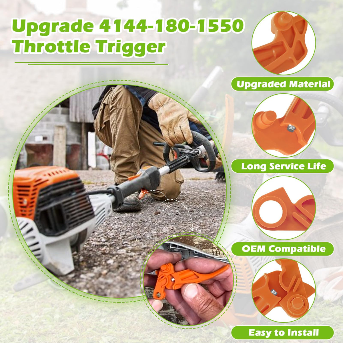 IWIWE installation guide for 4144-180-1550 throttle trigger lever on compatible Stihl trimmers.